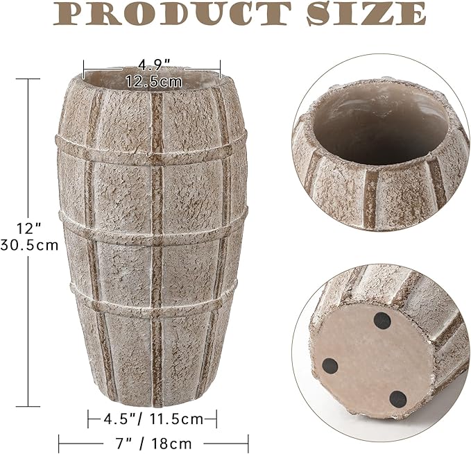 Briful Rustic Terracotta Flower Vase for Home Decor 12" Brown Farmhouse Textured Barrel-Style Ceramic Vase Vintage Handcrafted Gridded Design for Faux & Dried Flowers Living Room Table Centerpiece