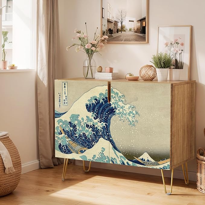 SIGNWIN Sideboard Buffet Cabinet, Kitchen Storage Cabinet with 2 Doors, Japanese Great Wave Off Kanagawa Vintage, Cupboard Console Table for Dining Room - 35" L x 18" W x 29" H