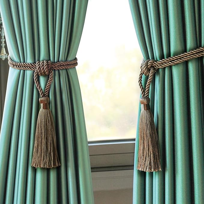 Fenghuangwu Curtain Tiebacks Tassel Tie-Backs, Rope Curtain tie Backs Handmade Curtain Holdbacks Made from Polyester (flaxen, 4p)