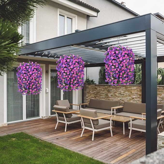 Artificial Fake Hanging Flowers with Basket for Outdoor Decoration,UV Resistant Faux Silk Dark Purple and Fuchsia Orchid Flowers Vines in Planter Realistic Hanging Baskets for Home Porch Garden