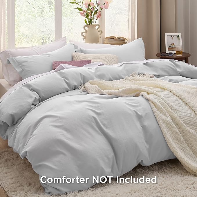 Bedsure Light Grey Duvet Cover Queen Size - 3 Pieces Prewashed Cotton-Like Extra Soft Bedding Set, Includes 1 Duvet Cover 90x90 Inches with Zipper Closure & 2 Pillow Shams, Comforter Not Included