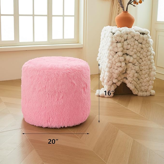 XeGe Fluffy Faux Fur Inflatable Pouf Ottoman, Cozy Shaggy Fuzzy Foot Stool, Plush Furry Foot Rest Floor Pouf Anti-Slip Kid Girl Adult, Foldable Round Ottoman Cushion for Living Room Bedroom, Pink