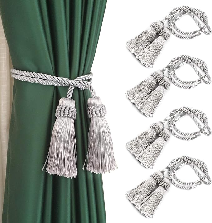 Fenghuangwu Curtain Tiebacks Handmade Decorative Curtain Holdbacks Rope with Tassel (Silver, 4P)