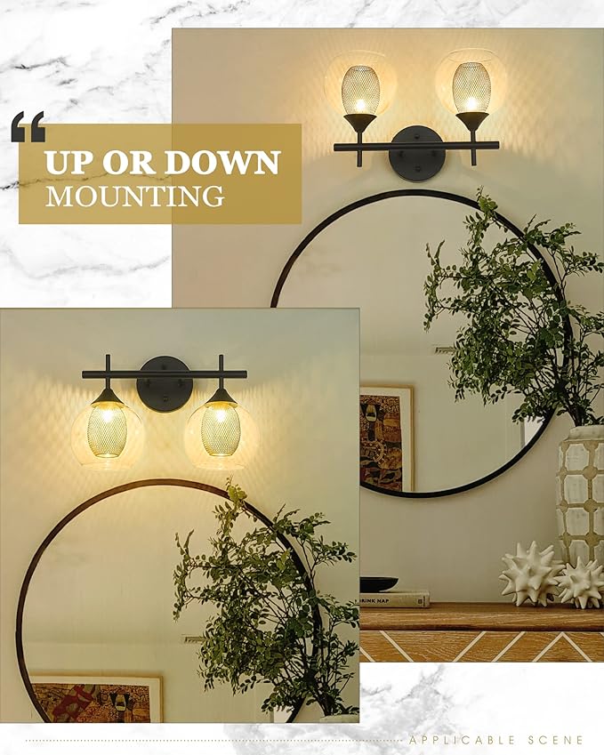 Black and Gold Bathroom Light Fixture, Farmhouse Wall Sconce Lighting with Clear Glass and Honeycomb Metal Shade, 2-Light Black Brass Vanity Light Over Mirror, AD-22001-2W-BK