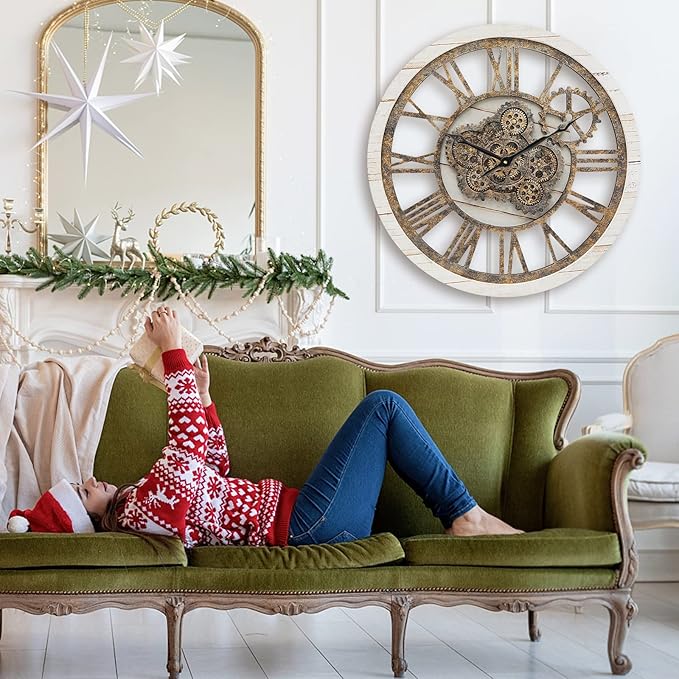 HOIBAI Large Wall Clock, Wall Clocks for Living Room Decor 20 Inch Farmhouse Vintage Rustic Kitchen Wall Decor Vintage Roman Oversized Wall Clock for Home Bedroom House Office, Moving Gears Clock