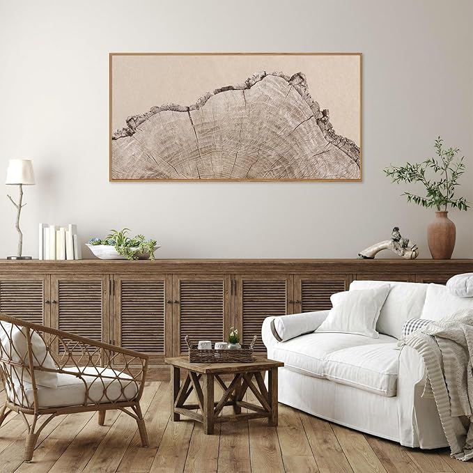 SIGNINART Large Tree Ring Framed Canvas Wall Art, Rustic Beige Wooden Wall Decor, Neutral Nature Wood Stump Artwork, Modern Art Prints for Bedroom Living Room Office 20"x40"