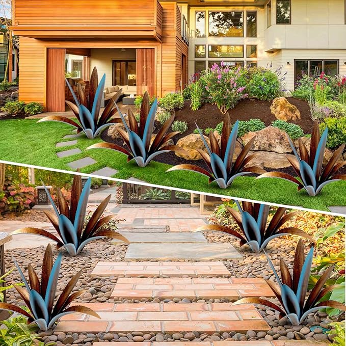 DIY Metal Agave Plant Art Yard Tequila Art Sculpture, Tequila Rustic Garden Sculpture Statue Outdoor Decor,Agave Metal Plants for Yard, Garden Lawn Ornaments (12 Leaves -Blue)