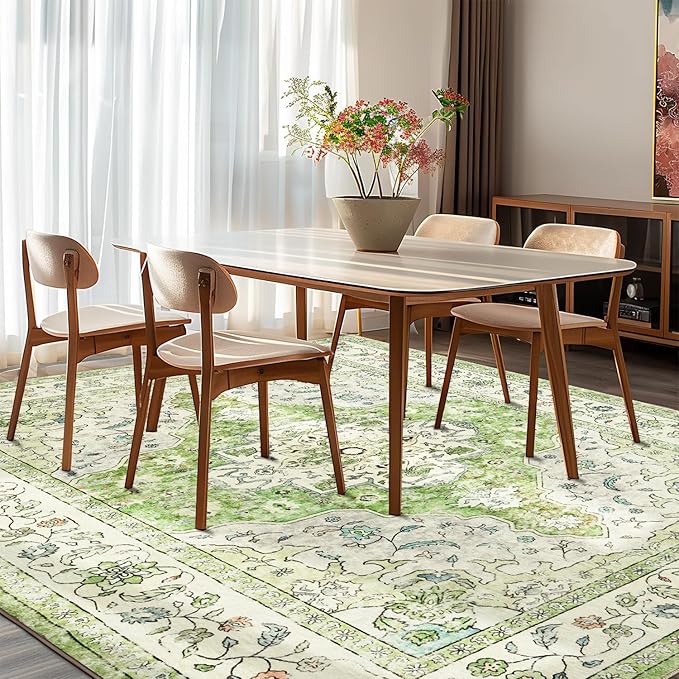 Topllen Washable Area Rug - 4'x6' Boho Living Room Rug, Non-Slip Soft Rugs Indoor for Bedroom Dining Room Office, Vintage Throw Carpet Stain Resistance (Green, 4x6ft)