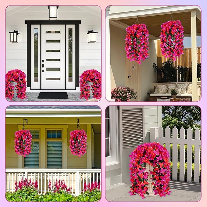 Artificial Bougainvillea Flowers for Outdoor Plant,2 pcs Faux Hanging Flowers Bougainvillea for Outside Decoration,Fake Silk UV Resistant Vines for Front Door Porch(Rose red+Fuchsia)