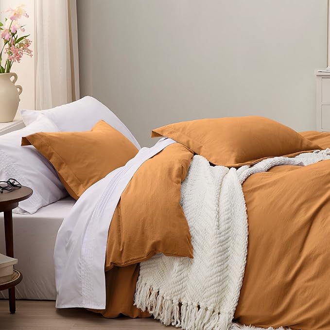 Bedsure Honey Ginger Duvet Cover Full Size - 3 Pieces Prewashed Extra Soft Cotton-Like Bedding Set, Includes 1 Duvet Cover 80x90 Inches with Zipper Closure & 2 Pillow Shams, Comforter Not Included