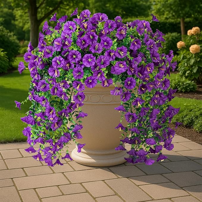 Artificial Hanging Flowers – 4 Pack UV Resistant Fake Morning Glory Vine Faux Plants for Porch, Patio, Balcony, Garden, Indoor & Outdoor Decor (Purple)