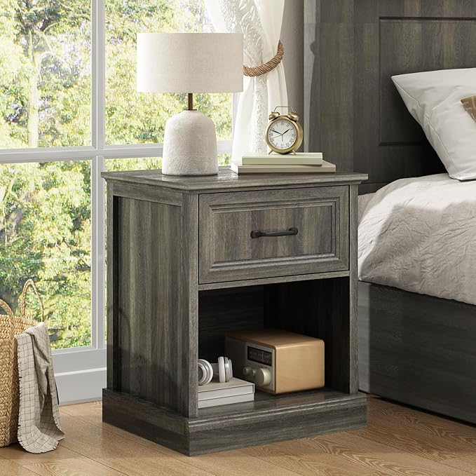 CARPETNAL 20" Farmhouse Nightstand Set of 2, End Table with Large Drawers & Open Storage, Side Table, Bedside Table for Bedroom, Living Room, Grey