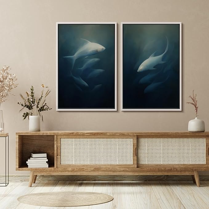 SIGNFORD Framed Canvas Print Wall Art Set Deep Sea Fish Serene Underwater Life in Dark Tones Illustration Modern Art Decorative Nordic Nature for Living Room, Bedroom, Office - 24"x36"x2 White