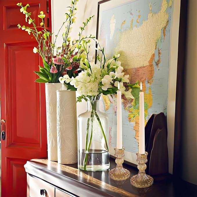 Glass Candlestick Holder,Striped Taper Candle Holders,Set of 6 Candle Stand for Table Centerpieces, Home Decor,Weddings,Festival and Parties (Amber Stripe Pattern)