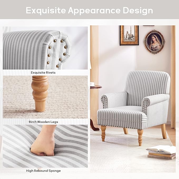 HUIMO Linen Fabric Accent Chair, Mid-Century Modern Armchair with Solid Wood Legs, Single Sofa Chair,Upholstered Reading Club Chair (1, Grey and White Stripe)