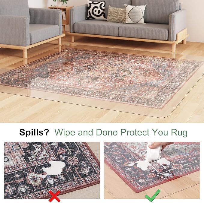 Crystal Clear Floor Mat 5×7ft, Upgraded Easy Flat Waterproof Vinyl Rug Cover, Large Stain-Resistant Plastic Area Rug Floor Protector for Kitchen, Dining Room, High-Traffic Areas