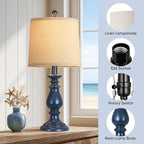 QiMH Farmhouse Table Lamp Set of 2, Rustic Table Lamps for Living Room, Vintage Nightstand Lamp with Rotary Switch, Beside Lamps for Bedroom, Traditional Table Lamps with Linen Shade, Blue