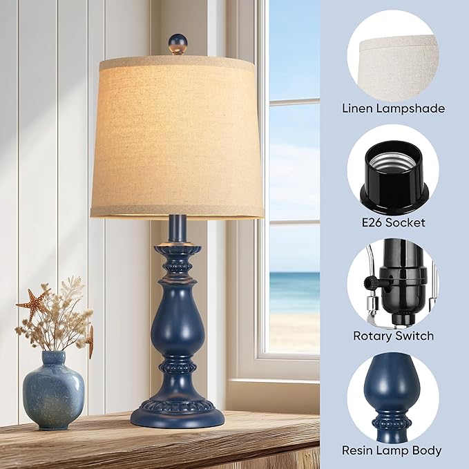 QiMH Farmhouse Table Lamp Set of 2, Rustic Table Lamps for Living Room, Vintage Nightstand Lamp with Rotary Switch, Beside Lamps for Bedroom, Traditional Table Lamps with Linen Shade, Blue