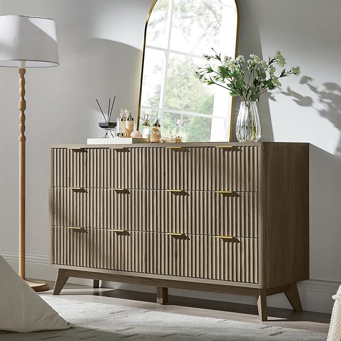 T4TREAM Fluted 6 Drawers Dresser, 54" Wide Modern Chest of Drawers, Curved Profile Design, Dresser TV Stand, Wood Drawer Organizer for Bedroom, Living Room, Hallway, Grey Alder
