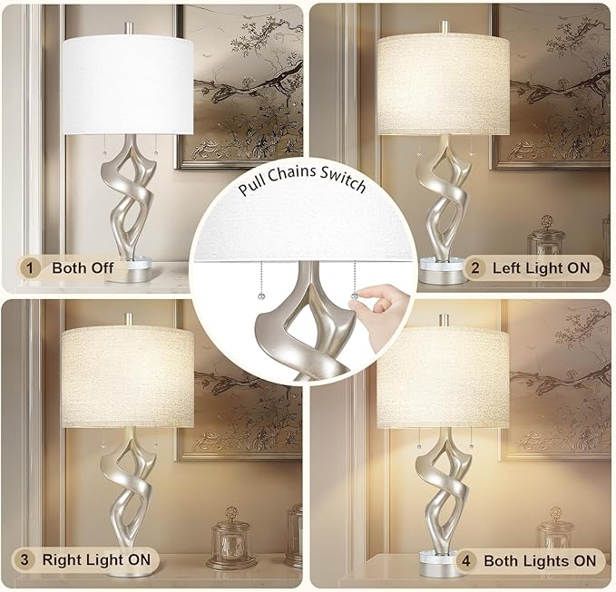 Scenekoy Sculptural Resin Table Lamp Set of 2 with USB Ports for Bedroom Living Room, 26” Antique Silver Leaf Dual Pull Chains Bedside Lamps, Nightstand Lamp for Home Room Decor (Bulbs Included)