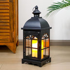 TRIROCKS Decorative Vintage Candle Lanterns 14.5" H Farmhouse Outdoor Hanging Lanterns with Tempered Glass for Porch, Balcony, Patio, Home, Centerpieces, Indoor, Outdoor(Black)