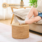 Handwoven Water Hyacinth Ottoman Pouf, Round Outdoor Footstool with Sturdy Frame, No Assembly Needed, Boho Accent Stool for Indoor & Outdoor Use – Patio, Balcony, Living Room (Natural)