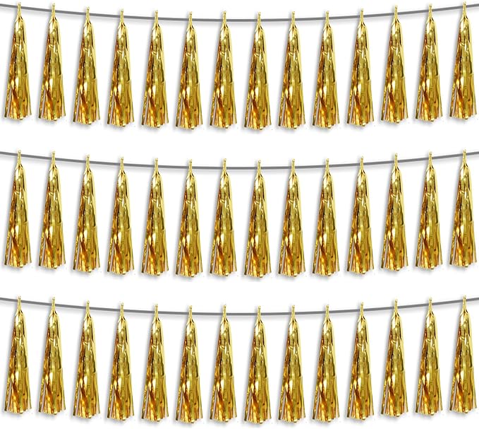 3P Gold Foil Fringe Metallic Tassel Streamers Banner Tassel Garland for Parade Floats, Bachelorette, Wedding, Birthday, Halloween, Christmas, Bridal/Baby Shower Party Decorations