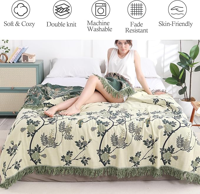 Snycler Boho Throw Blanket for Bed - 100% Cotton Ultra Soft Rustic Quilt Green Hummingbird Printed Farmhouse Decor Bed Blankets,60"×80" All Season Rustic Throw for Sofa Couch Chair