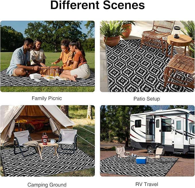 OLANLY Outdoor Rug 6x9 ft Waterproof, Outdoor Plastic Straw Rug with Geometric Pattern Clearance, Reversible RV Mat for Patio, Camping, Balcony, Deck, Backyard, Black & White
