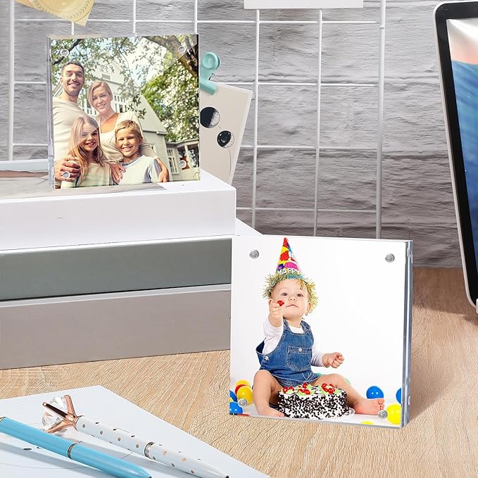 5 Pack 4 x 4 Inches Acrylic Picture Frame Desktop Frameless Photo Frame Double Sided Transparent Acrylic Frame Clear Horizontal Magnetic Frame for Desk Desktop Display Pictures Holder