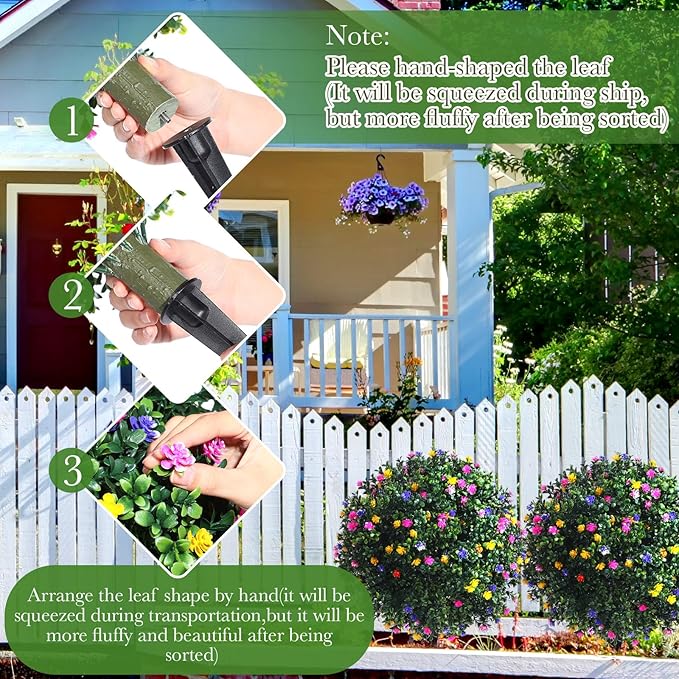 Yunlly Set of 2 Artificial Boxwood Topiary Ball Tree Fake Bushes Shrubs Outdoor Faux Plant with Ground Spike Flowers UV Resistance Greenery for Front Porch Garden Patio Indoor(Multicolor,27x18inch)