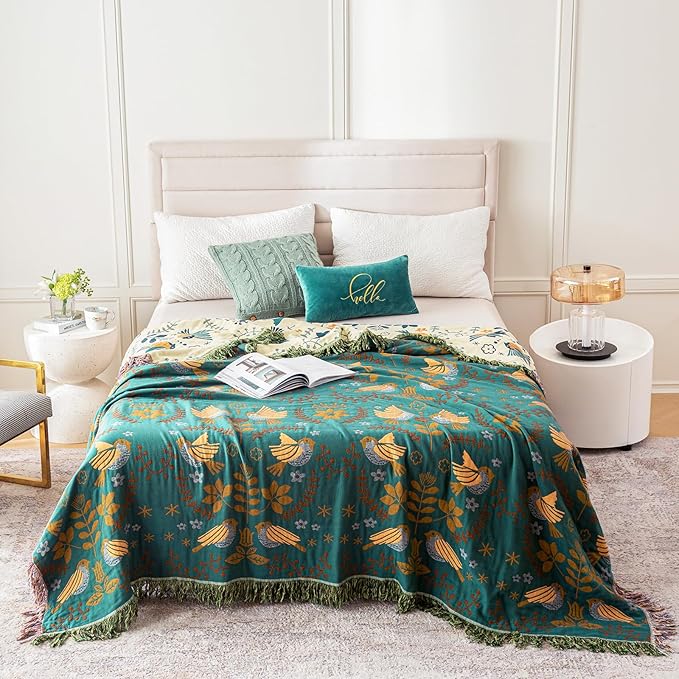 MSGKV Boho Throw Blanket Queen Size Cotton Blanket for Couch and Sofa Living Room Blanket Summer Bed Cozy Gauze Blanket 90" x 90"