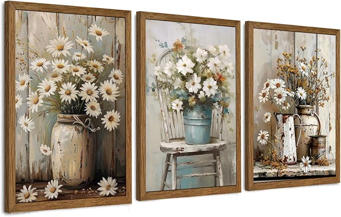 DUWQU 3 Piece Framed Elegant Farmhouse Canvas Wall Art, Vintage Floral Pictures Art Wall Decor, Nature Themed Daisy Art Prints for Living Room Bedroom Kitchen and Office Ready to Hang 16×24 Inches