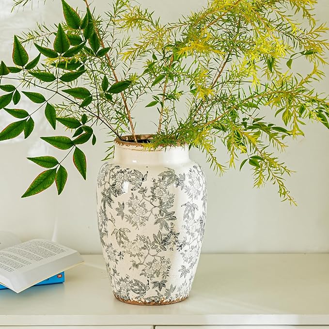 Sungmor Ceramic Flower Vase, Vintage Ice Cracked Glaze Porcelain Vase, Pretty Home Decor Vase for Flower Arrangement, Fresh Flowers, 10.2 Inch Tall Chinoiserie Pottery Vase, Gray Floral Pattern