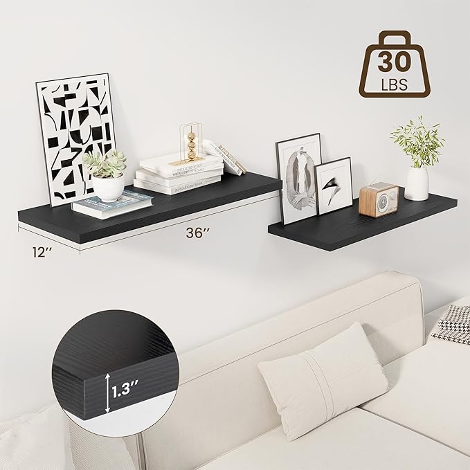 36" Floating Shelves for Wall, 12" Deep Slim Black Floating Shelves, Wall-Mounted Shelves for Bedroom, Living Room, Kitchen, Bathroom - Set of 2