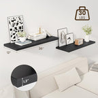 36" Floating Shelves for Wall, 12" Deep Slim Black Floating Shelves, Wall-Mounted Shelves for Bedroom, Living Room, Kitchen, Bathroom - Set of 2