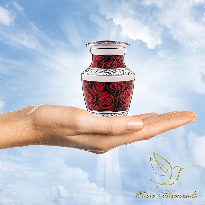 Olivia Memorials Small Urns for Human Ashes Adult Female - Red Roses Decorative Mini Urns - Cremation Keepsakes with Velvet Box - Flowers Memorial Urn with Roses and Ash Storage