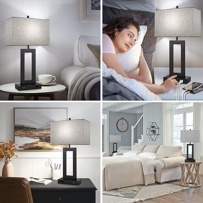 Set of 2 Modern Touch Control Table Lamps with 2 USB Ports, 22’’ Large Bedside Nightstand Lamps 3-Way Dimmable Desk Lamp with Grey Fabric Shade for Bedrooms Living Room Reading, 2 LED Bulbs Included