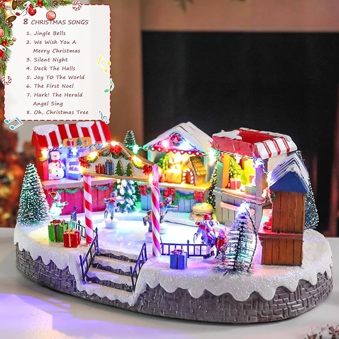 Bdor Christmas Market Village Scene with LED Lights | 8.3 x 5.9 x 5.9 Inches Battery Operated Holiday Decoration with Musical & Animated Market Stalls for Indoor Home Décor