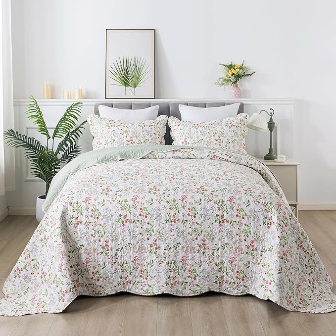 Travan 3-Piece Quilt Set Quilted Bedspread Lightweight Coverlet Set Garden Style Floral Printed Oversized Quilted Bedding Set with Shams for All Season, Flower Sea, Queen Size