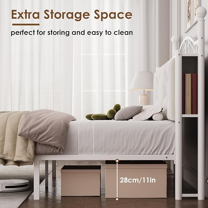 Full Upholstered Canopy Bed Frame with 2 Drawers & Crystal Tufted Storage Headboard Metal Platform Bed with Charging Station & 4 Removable Posts No Box Spring Needed Curtain Not Included, Beige