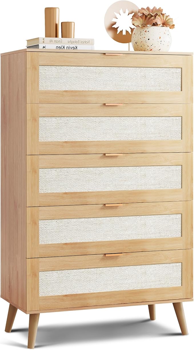 WLIVE Rattan Dresser for Bedroom, 5 Drawer Wood Boho Dresser Storage with Gold Metal Handle, Chest of Drawers for Living Room, Closet, Hallway, Light Oak
