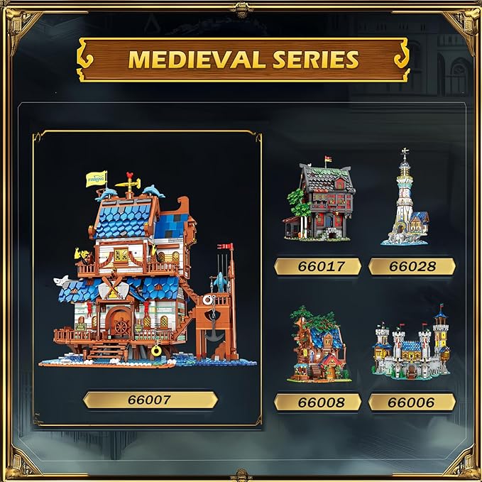 Reobrix Medieval Fishing Store Lighting Building Block Sets for Adults, Medieval Architecture Display or Home Office Decor, Creative Construction Building Kits 66007, Idea Gift for Adults