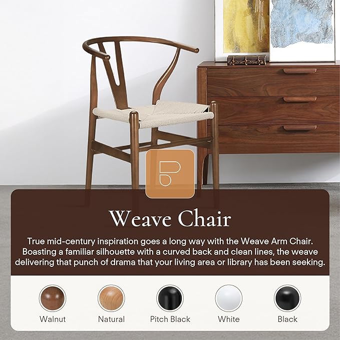 POLY & BARK Weave Dining Chairs – Mid-Century Modern Wishbone Dining Chairs with Arms, Solid Wood Frame, Indoor Use – Walnut– Set of 2 - Ideal for Dining Room, Kitchen or Stylish Accent Setting