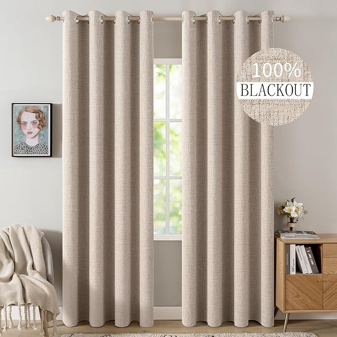 MIULEE 100% Blackout Linen Textured Curtains for Bedroom Solid Thermal Insulated Natural Beige Grommet Room Darkening Curtains & Drapes Luxury Decor for Living Room Nursery 52 x 96 Inch (2 Panels)