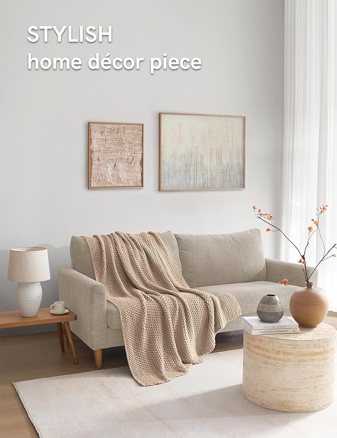 YnM Chunky Cotton Knit Throw Blanket, Cable Knit Throws for Bed Couch Sofa, Comfy & Relaxing, Decorative Piece for Farmhouse Modern Boho Rustic Scandinavian Chic Vibe, Beige 60x80 Inches