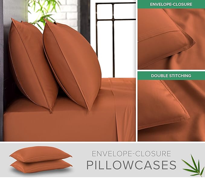 California King Sheets by Pure Bamboo, Genuine 100% Organic Viscose Derived from Bamboo Bed Sheet Set, Soft & Cooling, Double Stitching, Lifetime Quality Promise (California King, Terracotta)