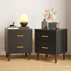 Alohappy Fluted Nightstands Set of 2, Mid Century Bedside Table for Bedroom, End Table with 2 Drawers, Modern Bed Side Table with Storage Vintage Wood Accent Table for Living Room, Black 2pcs
