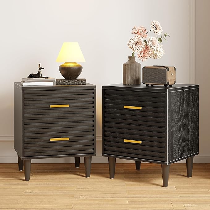 Alohappy Fluted Nightstands Set of 2, Mid Century Bedside Table for Bedroom, End Table with 2 Drawers, Modern Bed Side Table with Storage Vintage Wood Accent Table for Living Room, Black 2pcs