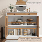 GarveeHome 35.4 in Sideboard Buffet Cabinets with Glass Door, Buffet Cabinet with Storage, White&Brown Sideboard Cabinet with Drawer, Modern Buffets & Sideboards for Dining Room, Kitchen